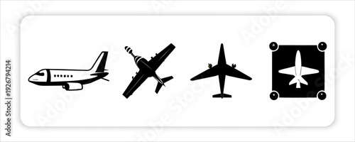 Aviation Icons: A series of sleek aircraft silhouettes depict diverse planes, illustrating the dynamics of flight and global travel, ideal for travel and aviation projects.