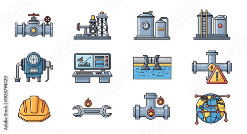 Collection of industrial icons representing oil and gas industry equipment and processes.