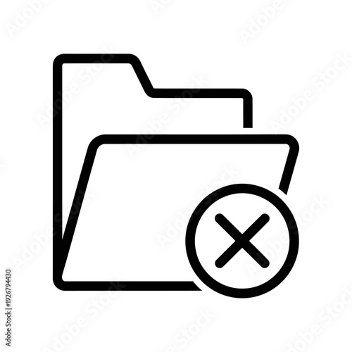 Simple black line art icon showing a folder with a cross mark, indicating deletion or removal, on a white background.