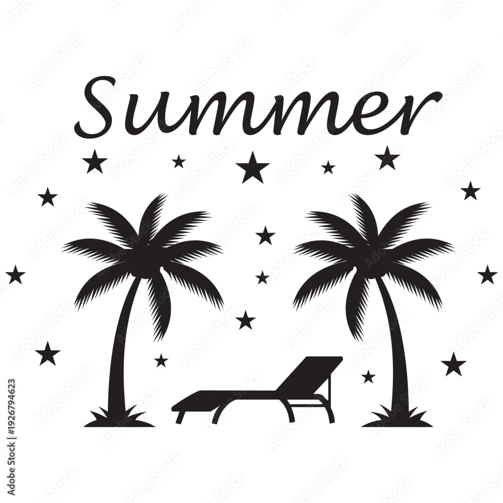 Fototapeta premium Summer vacation paradise with palm trees and lounge chair stars scattered evoking warm sunny beach vibes and relaxation