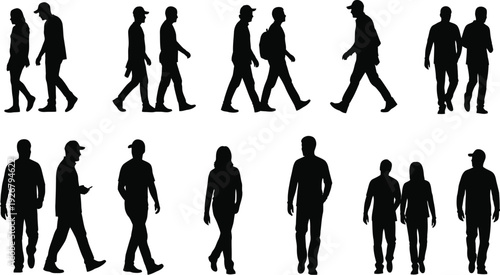 Collection of black silhouettes of people walking in various poses