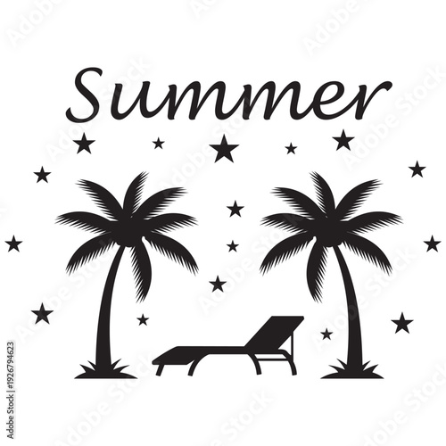 Summer vacation paradise with palm trees and lounge chair stars scattered evoking warm sunny beach vibes and relaxation