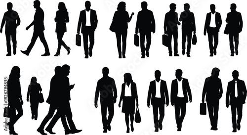Silhouettes of business professionals walking in various directions