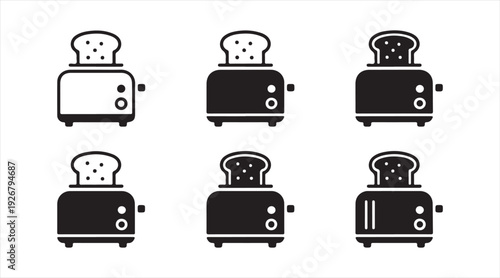 Kitchen toaster icon collection with bread slice variations in solid and outline styles