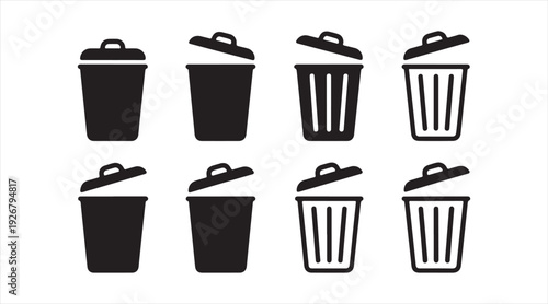 Garbage container icon pack with multiple bin styles for sanitation and environmental graphics