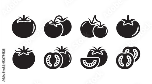 Tomato vegetable icon collection with whole and sliced variations in solid and outline styles