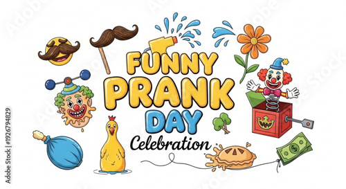 Funny prank day celebration with colorful cartoon illustrations and humorous props