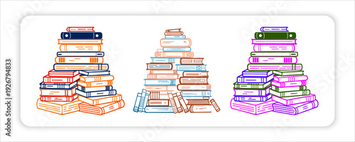 Stacks of Knowledge: A composition of colorful book stacks, each uniquely arranged, forming a visual representation of the diverse realms of knowledge and learning.