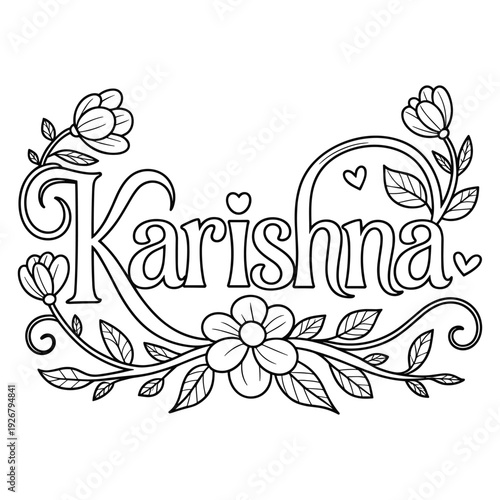 Decorative floral calligraphy with the name Karishna beautifully hand drawn with intricate details