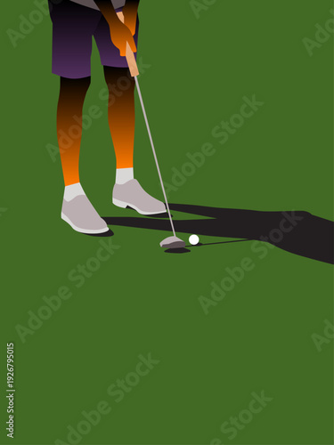 Close-up vector illustration of a golfer's legs and putter on a green grass field.