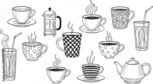 Hand drawn coffee cup and teapot collection line art set featuring mugs french press hot drinks vector illustration