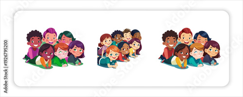 Group of Cheerful Children: A collection of diverse, smiling children, captured in a colorful illustration, demonstrating unity and the beauty of childhood.
