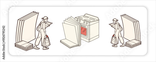 Culinary Chronicle: Culinary scene, depicts a person with a cookbook in a kitchen, a cooker. A culinary journey unfolds, with a person absorbed in the art of cooking.