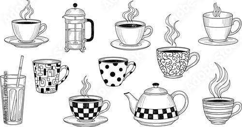 Hand drawn coffee cups teapot and french press collection line art hot beverage vector illustration set