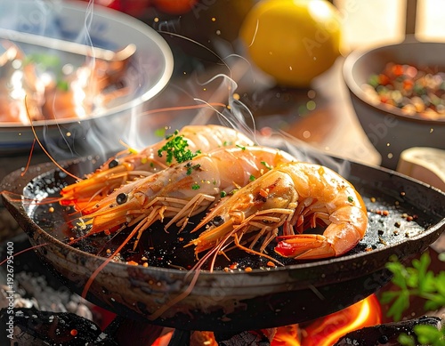 Grilled Shrimp Displayed On A Sizzling Pan With Flames And Herbs On A Wooden Tabletop