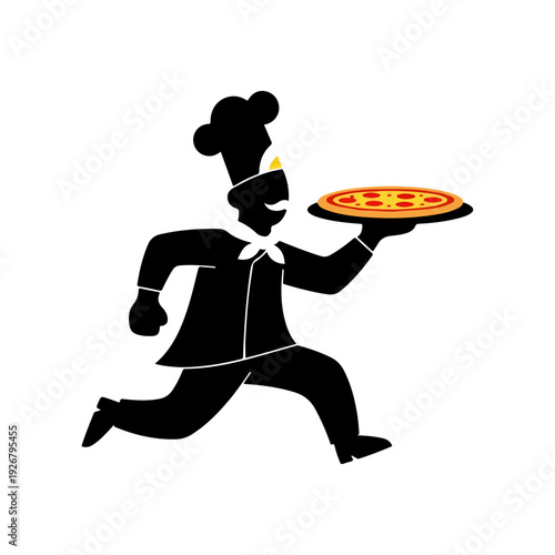 A running chef silhouette carries a pizza on a silver platter showcasing delivery