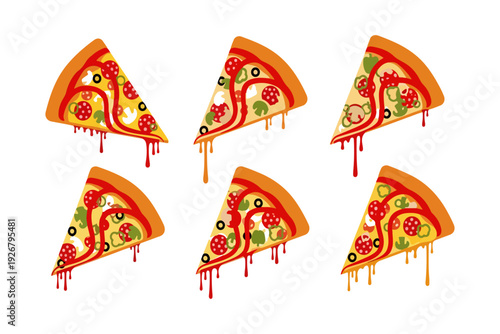 Six colorful slices of pepperoni and veggie pizza with dripping cheese