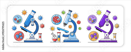 Microscope and Scientific Research: A set of vivid, stylized illustrations highlighting the essence of scientific inquiry and discovery, each depicting a microscope alongside lab equipment.