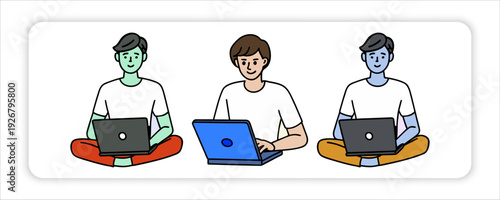 Connected Coders: Three individuals are deeply engrossed in their work, focused on their laptops, each contributing to their digital world and showcasing modern technology