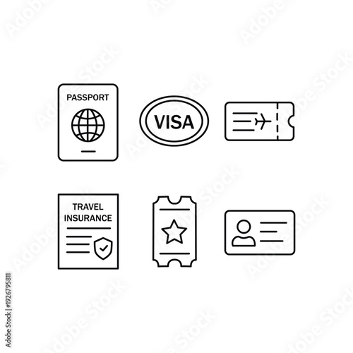 Travel Document Icon Set Vector Illustration with Passport, Visa, Ticket, Insurance, and ID Card