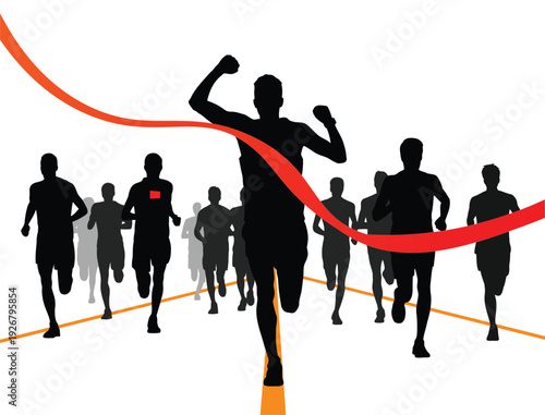 Silhouette of race with winner crossing red ribbon