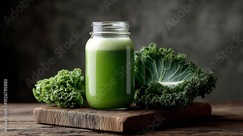 Wallpaper Mural Fresh Green Kale Juice in Glass Bottle with Kale Leaves on Rustic Wooden Board, Healthy Detox Beverage Torontodigital.ca