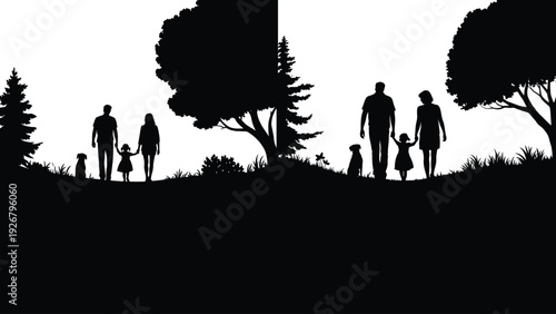 Family Walking Silhouette in Nature Landscape with Trees and Sunset Concept