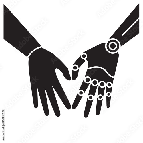 Human hand and robotic hand joining together, forming heart shape, symbol of collaboration between man and machine, technology and humanity
