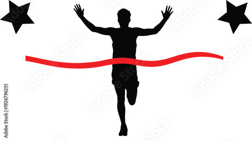 black silhouette of an athlete crossing the finish line with a red ribbon