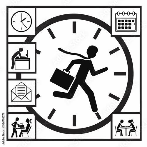 A person running in front of a large clock with various office icons around it Vector
