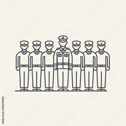 Group of police officers standing in formation with one officer in front  