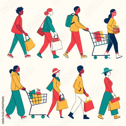 People walking and pushing carts with shopping bags Vector