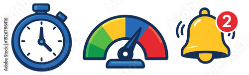 Line art icon set featuring a stopwatch, a gauge, and a notification bell for digital interfaces and business concepts