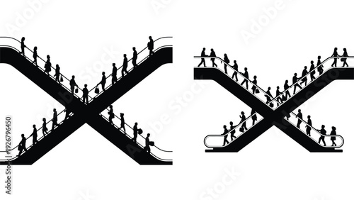 silhouette of people on escalator, silhouette goes up an escalator