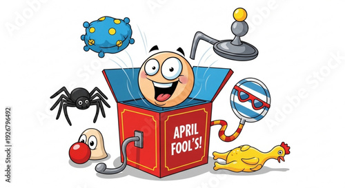 Cartoon character emerges from april fool's jack in the box surrounded by humorous symbols