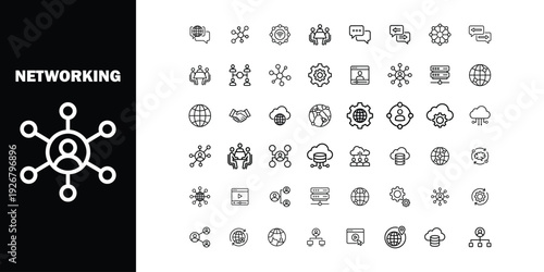 Collection of black and white line representing networking concepts connection communication