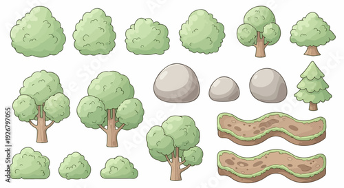 Nature landscape game asset collection. Includes green trees, bushes, rocks, pine tree, and winding dirt paths. Created in cartoon style with light green and brown palette