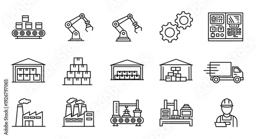 Industrial automation and manufacturing process with robotic arms and factory icons.