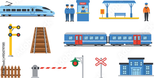 Railway Transportation Vector Set Featuring Trains, Station Platform, Tracks, Signals, Ticket Office, and Crossing Elements for Travel and Infrastructure Designs