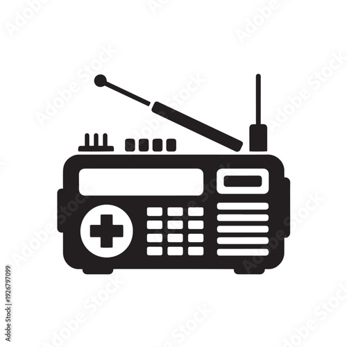 Portable radio icon with antenna and speaker, old fashioned communication device, music player, vintage technology, sound broadcasting, battery powered