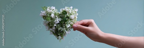 Asian female hand holding heart-shaped floral bouquet on blue background