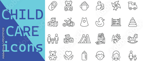Child outline icon set. Icon Set Children for different seasons line. Childhood icon set. kindergarten, toy, children, teddy, park. Vector illustration.