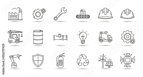 Collection of industrial and construction icons representing various aspects of engineering and safety.