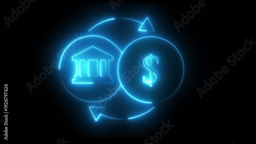 Neon Bank to Dollar Exchange Icon – Financial Transaction Dollar Exchange Banking System Fintech Concept.