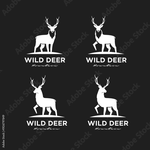 Set of Wild Deer Mountain Stag Animal Silhouette Logos