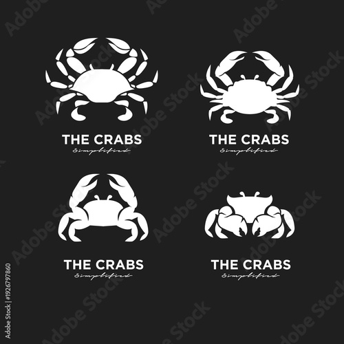 Four Simplified White Crab Logo Designs on a Black Background for Seafood Branding