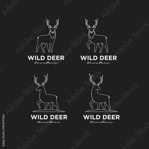 Minimalist White Line Art Deer and Stag Logo Designs on Black Background