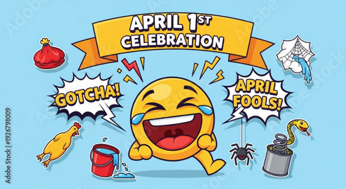 Laughing cartoon emoji celebrating april fools' day surrounded by prank objects on light blue background