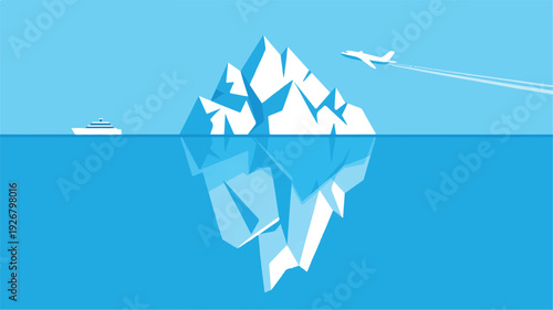 Iceberg floating in ocean with ship and airplane nearby