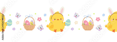 Cute Easter repeated  border with yellow chick with bunny ears, basket with eggs, butterflies and flowers. Perfect for spring holiday decorations. Flat vector illustration.